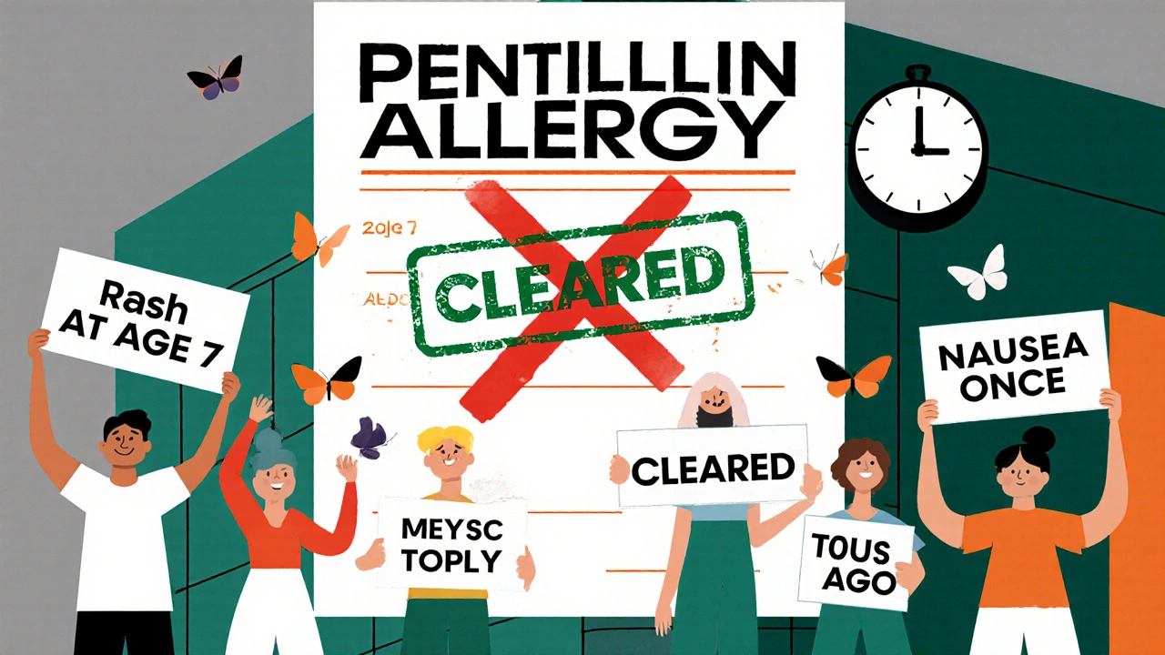 A medical chart with &#039;Penicillin Allergy&#039; crossed out and replaced by &#039;CLEARED&#039;, surrounded by dissolving symptom signs.