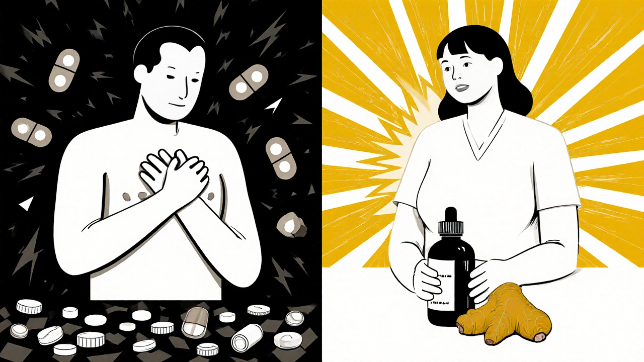 A Parkinson’s patient contrasted between dangerous medications and safe alternatives like ginger and domperidone, in bold Constructivist composition.