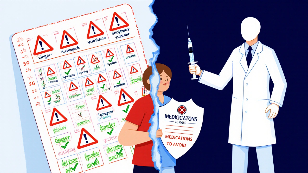 A patient holding a safety card between dangerous and safe antiemetics, illustrated with warning symbols and glowing green options in Constructivist style.