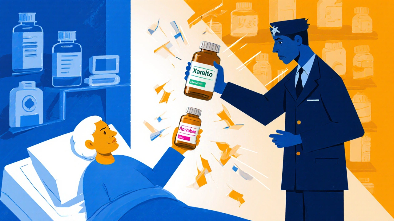 A patient receiving a substituted medication from a stylized pharmacist amid fractured system shapes.