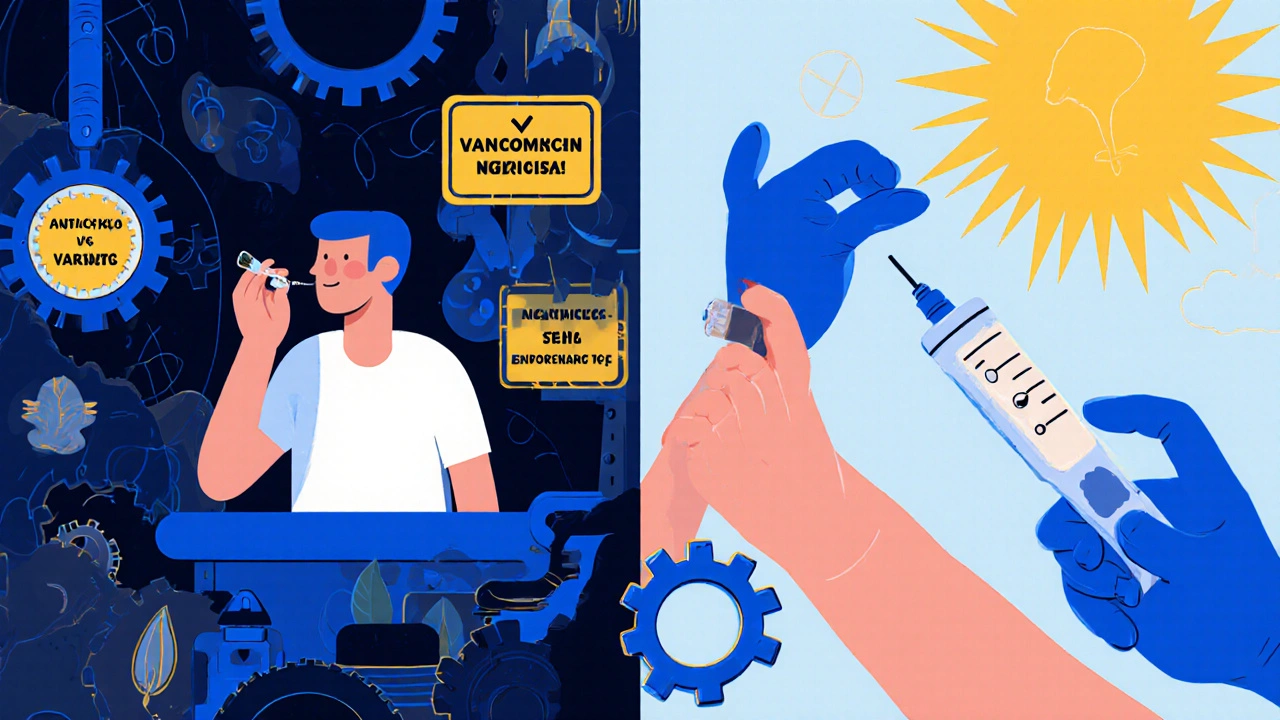 A patient safely receiving amoxicillin while a doctor performs a skin test, contrasted with risky antibiotic use.