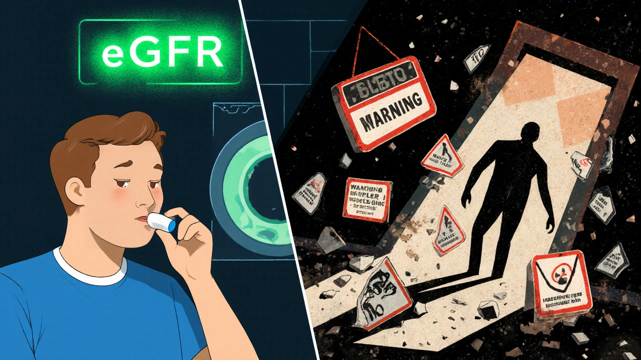 A patient taking metformin calmly beside a CT scanner, while outdated fear symbols crumble in the background.