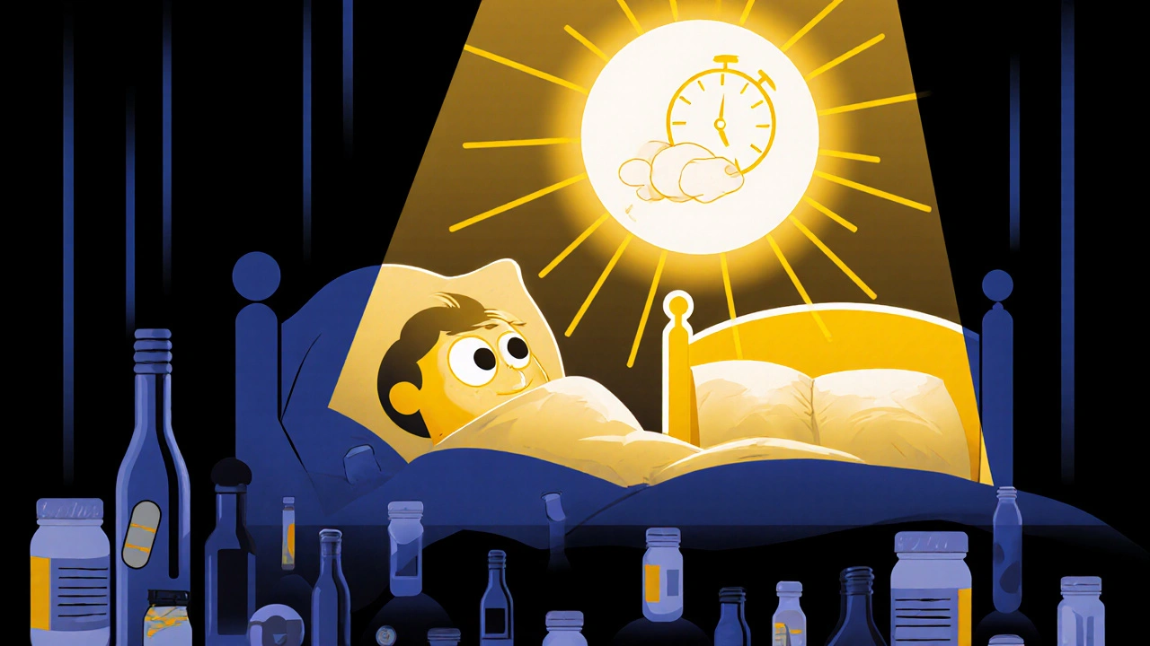 A person awake in bed as symbols of therapy—clock, moon, bed—glow above them, replacing pill bottles.