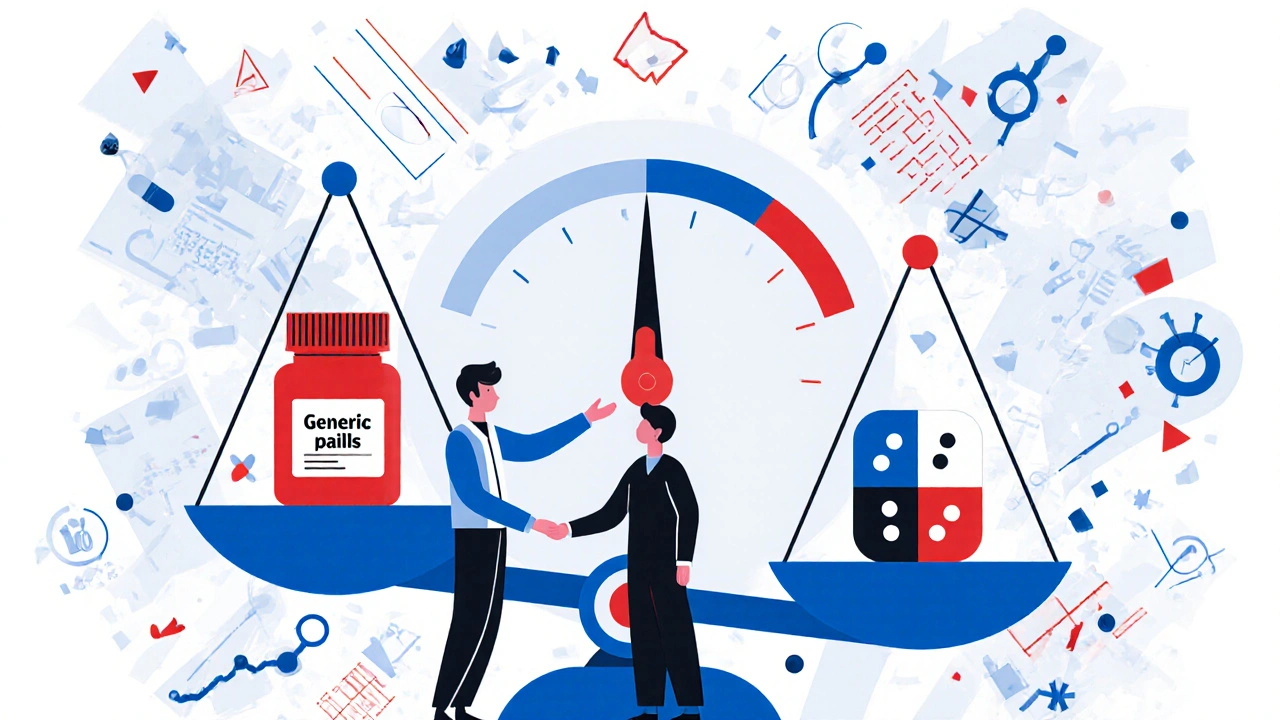 A pharmacist and patient with a tipping scale representing generic vs brand phenytoin formulation risks.
