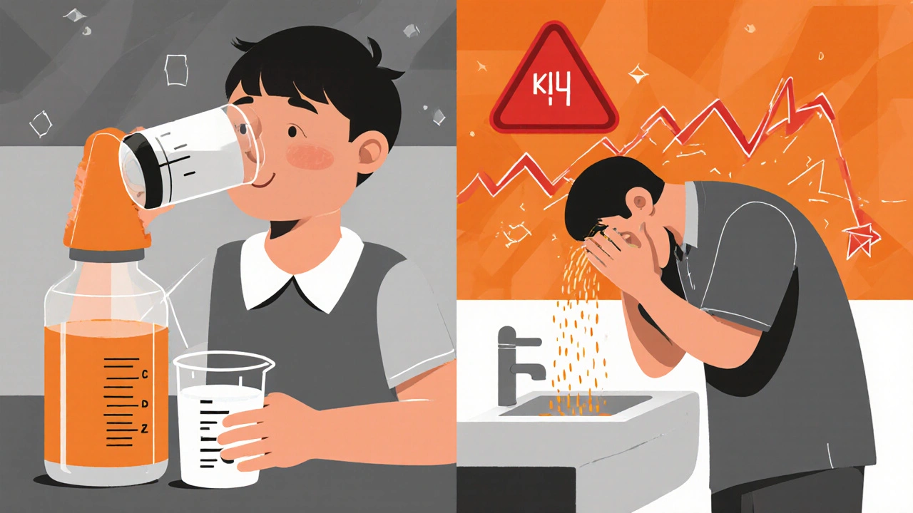 Child drinking fluids safely on one side, adult vomiting with warning signs on the other, showing illness risks.