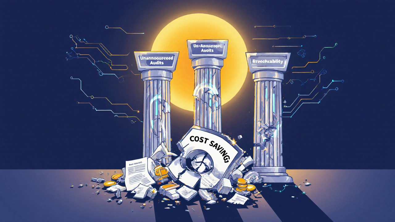 Collapsing &#039;Cost Savings&#039; logo above rising pillars of oversight tools, glowing data streams forming trust symbol.