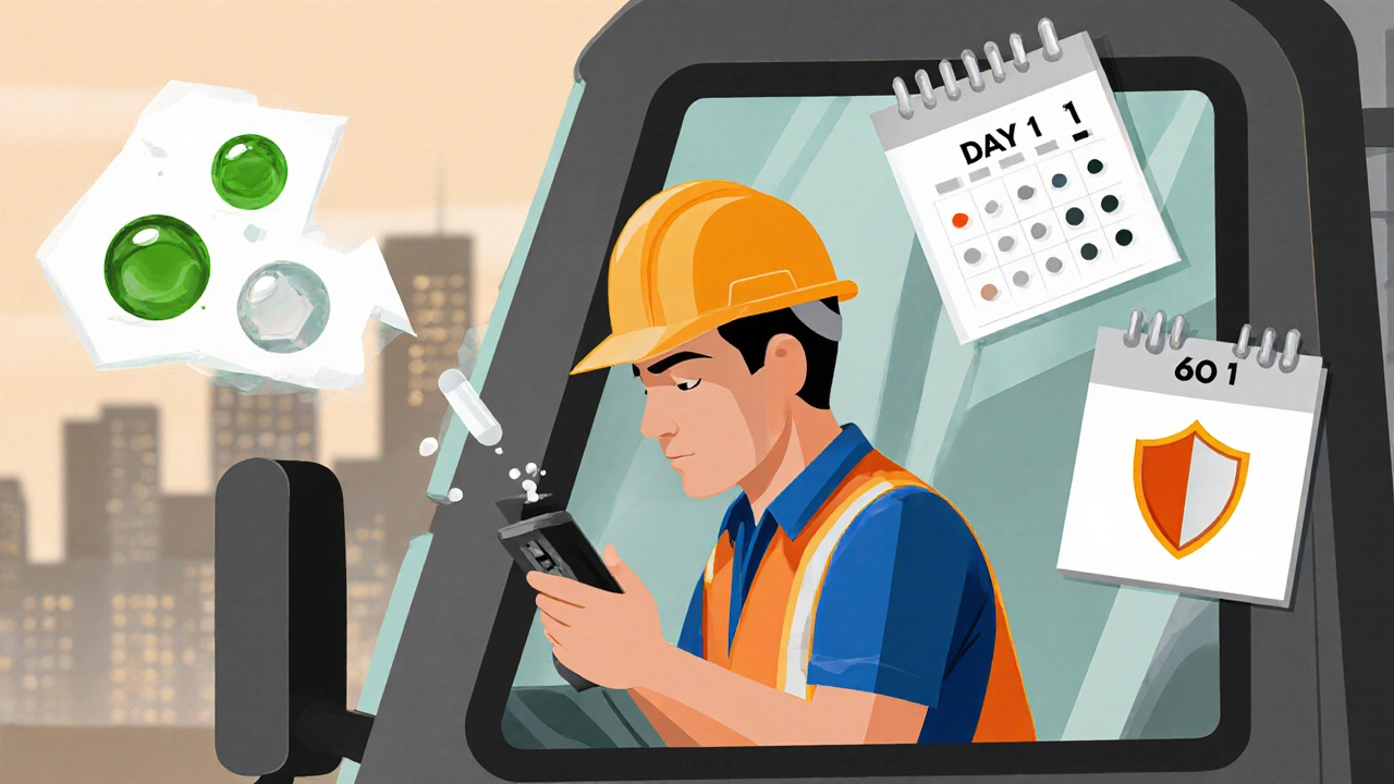 Construction worker using a PEP device in his truck, with icons showing improved health over time.