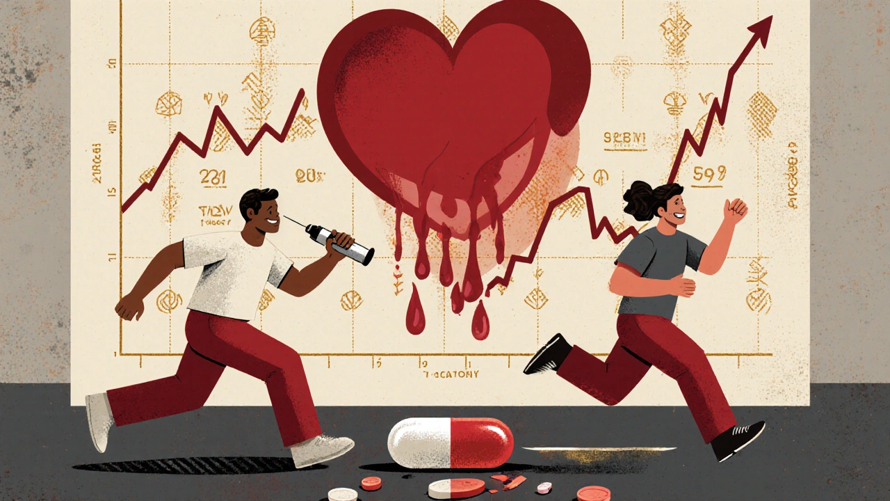Diverse patients with cholesterol charts dropping, one injecting PCSK9, heart pulsing clean blood, broken statin pill on ground.