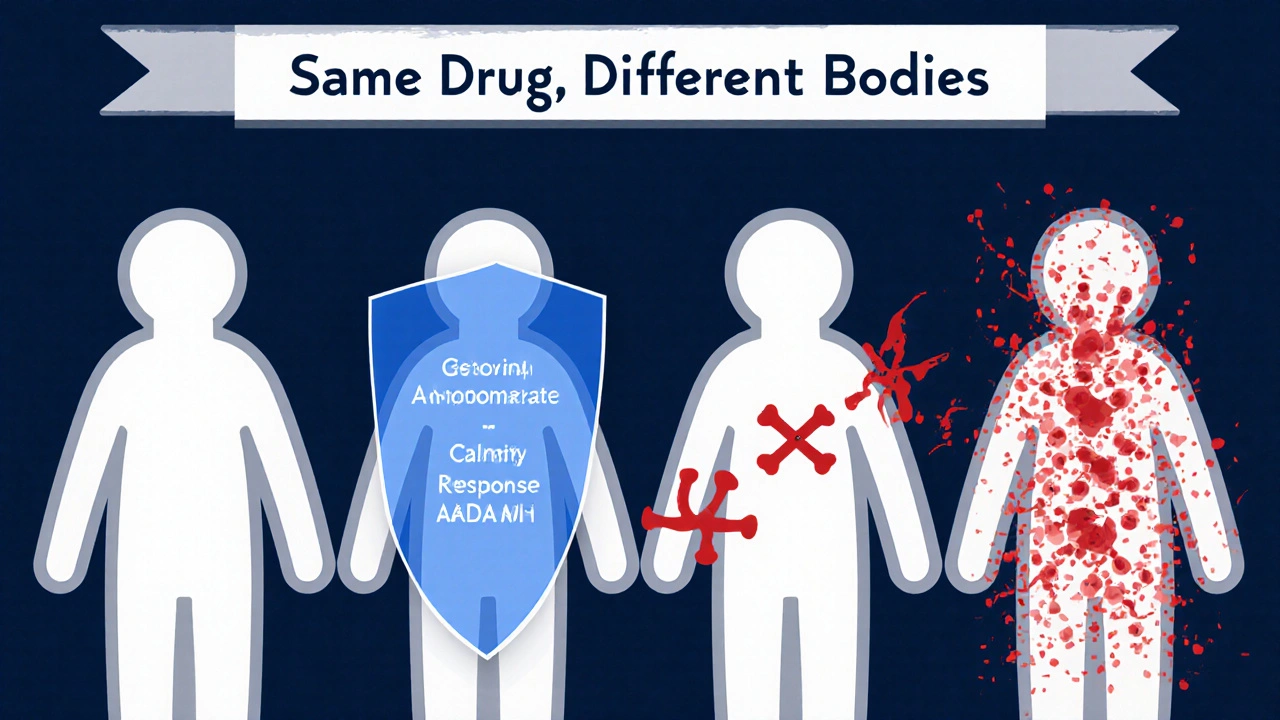 Diverse patients with visible genetic and immune factors, some protected by medication, others overwhelmed by antibody waves.