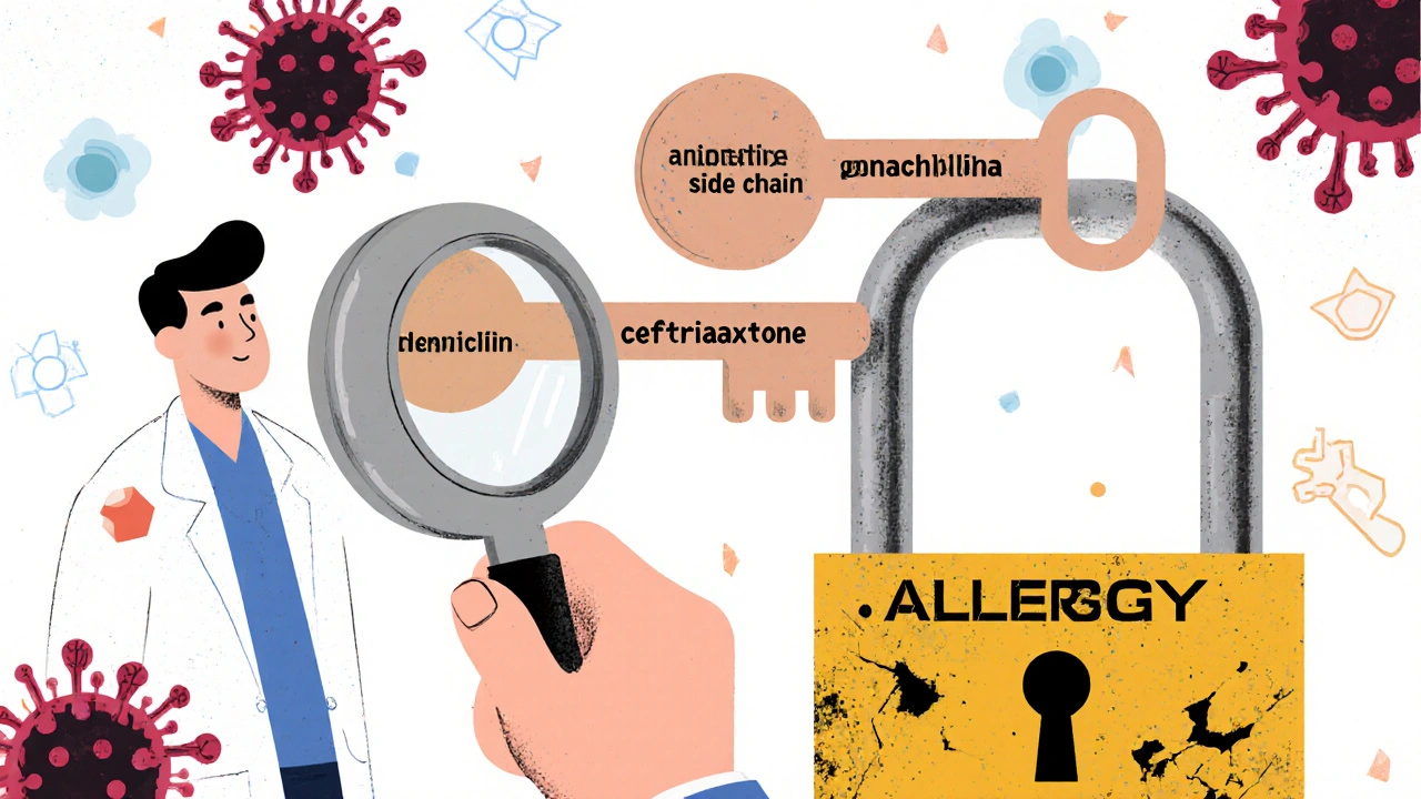 Doctor using magnifying glass to compare antibiotic side chains as a lock opens safely