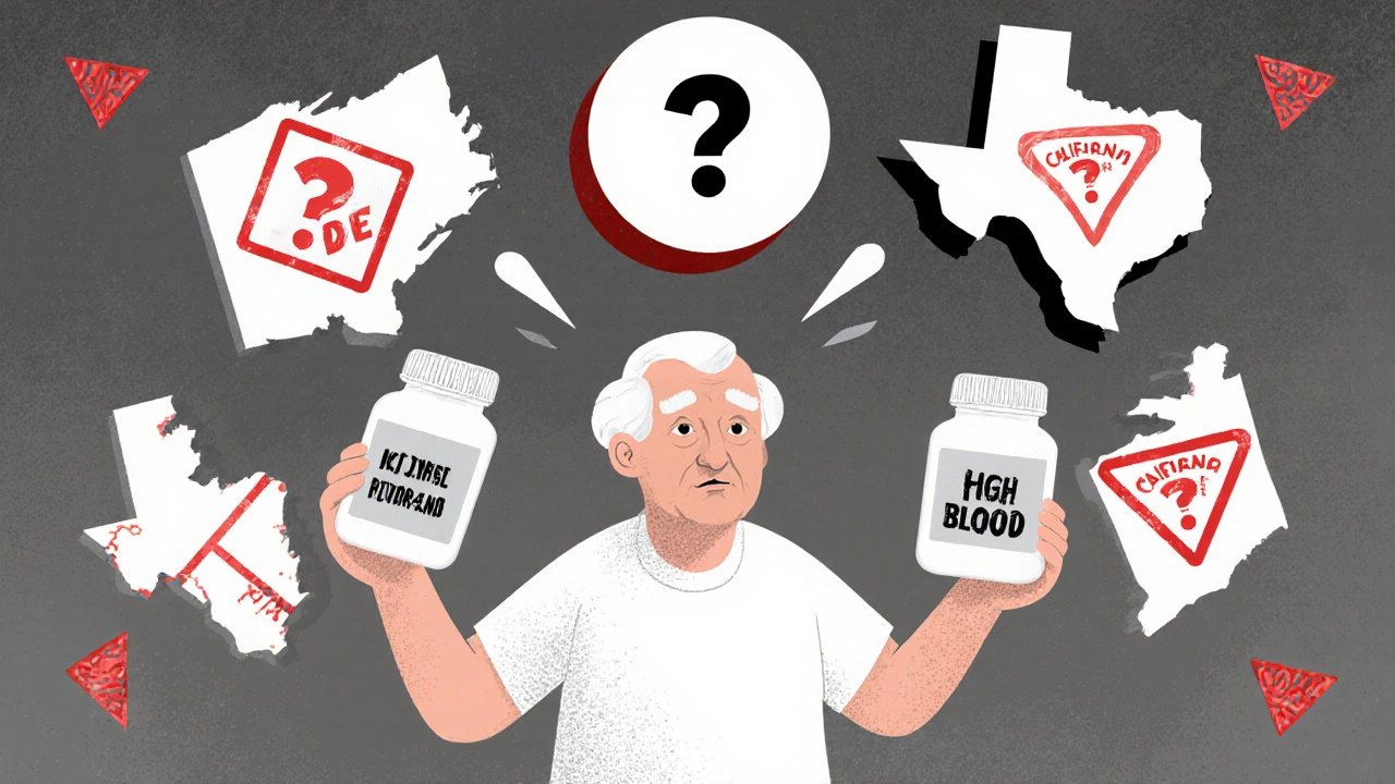 Elderly person holding two pill bottles with confusingly different label instructions, surrounded by state maps.