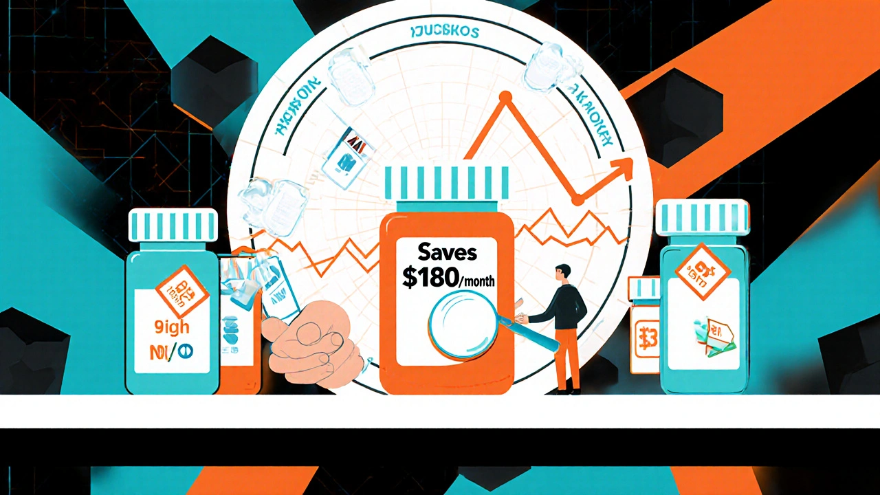 Floating drug bottles with changing price tags, AI prediction diagram, and magnifying glass over savings.