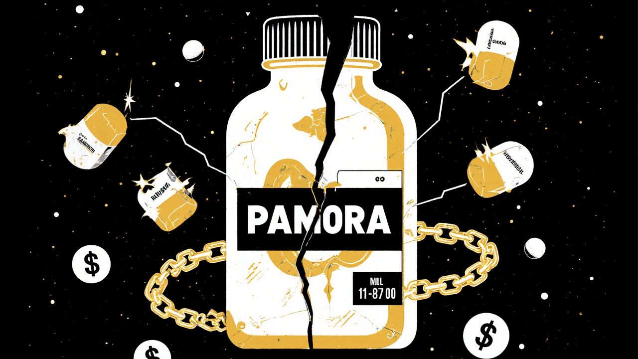 Four PAMORA medications floating as fragments with cost chain wrapped around them, symbolizing treatment access barriers.