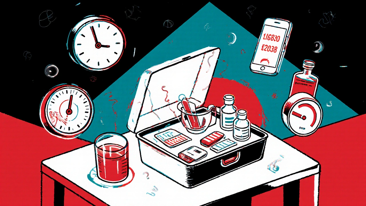 Open sick-day kit with insulin, ketone strips, and fluids, surrounded by emergency icons in bold geometric style.