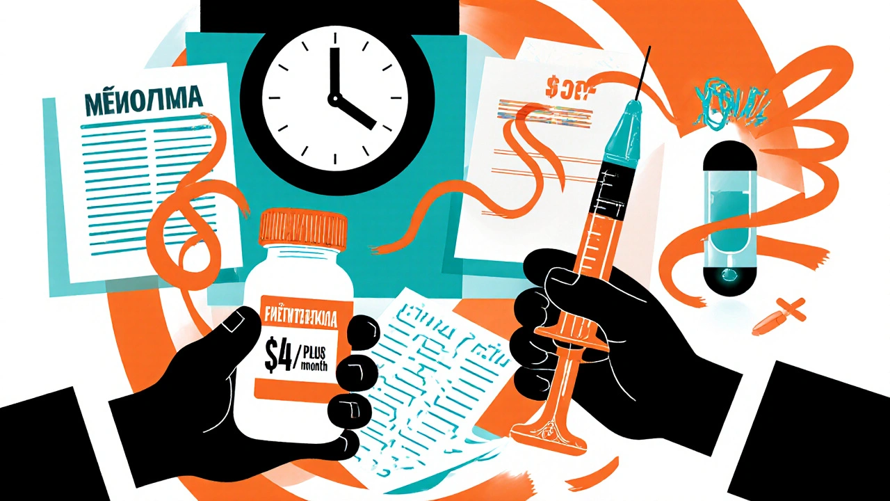 Patient holding cheap statin bottle next to expensive syringe, surrounded by insurance paperwork and a clock pointing to 2027.