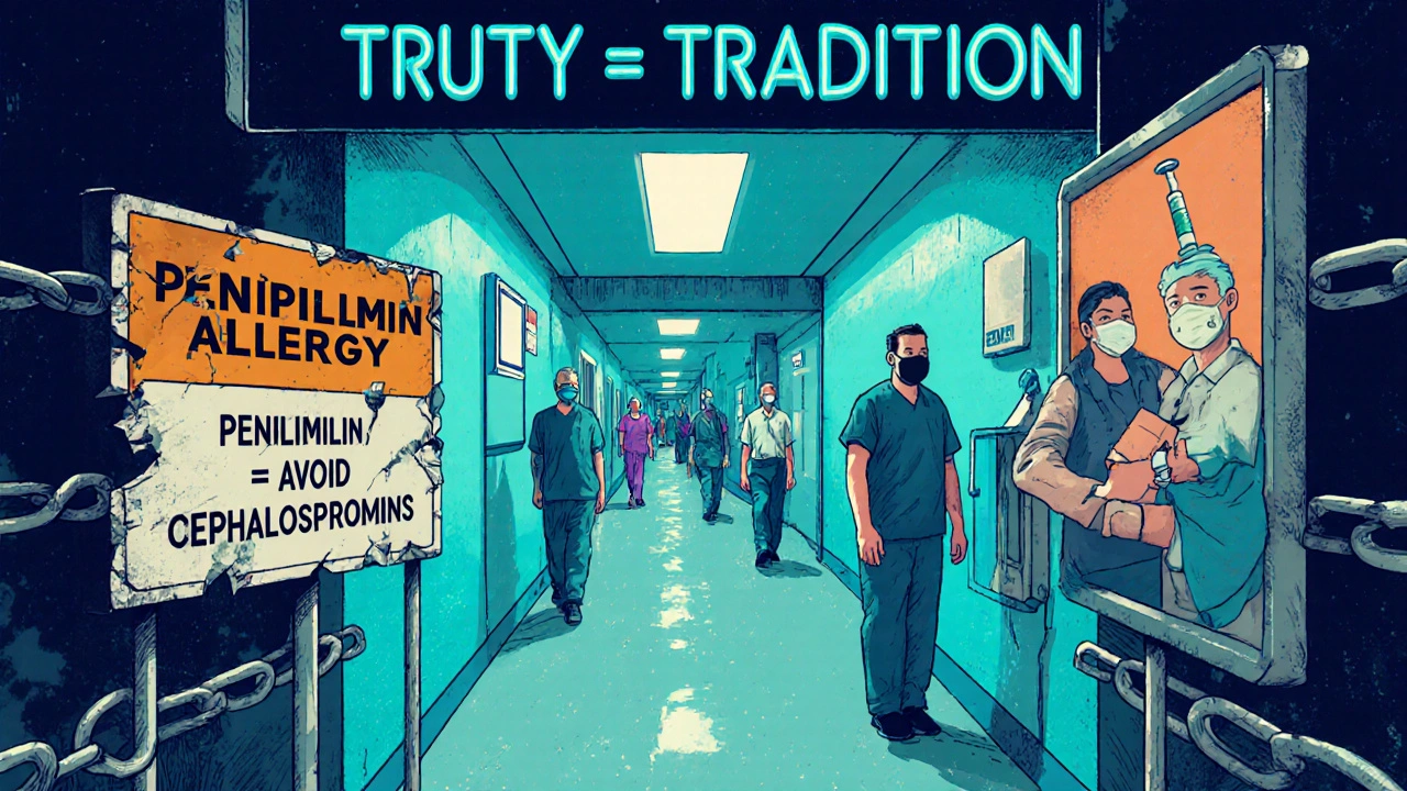 Patients walking past crumbling allergy warnings toward clean antibiotic administration