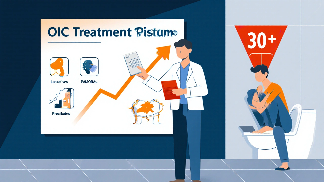 Pharmacist giving PAMORA prescription as patient struggles on toilet, with BFI score of 30+ displayed above.