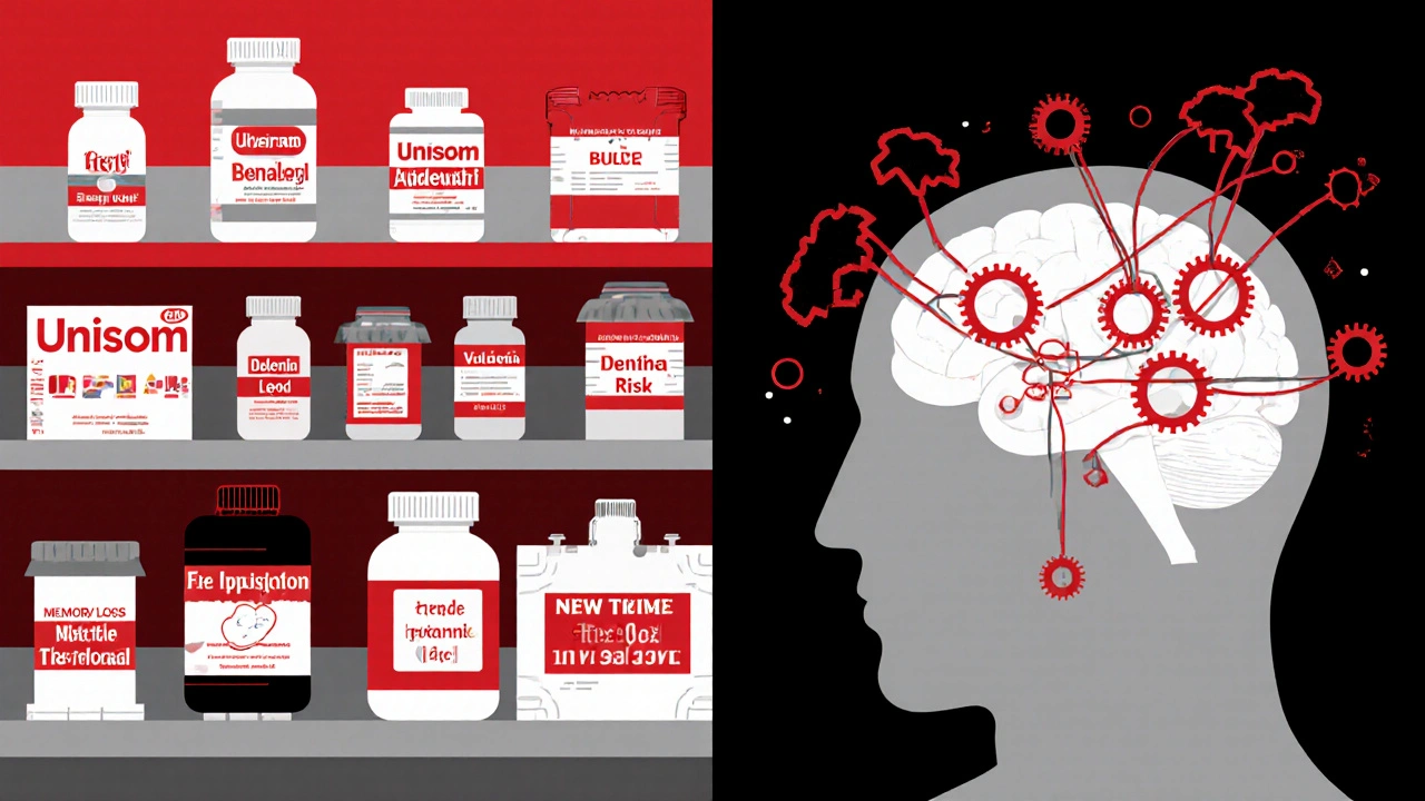 Pharmacy shelves of sleep aids contrasted with a fractured brain showing health risks in abstract shapes.