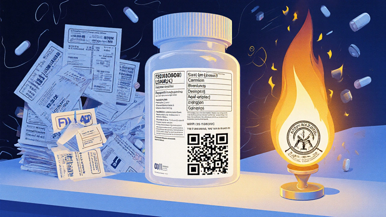 QR code on pill bottle projects holographic instructions, while outdated labels burn, one clean label glows in foreground.