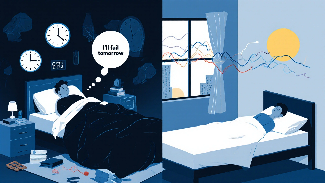 Split scene: chaotic bedroom with anxious thoughts on one side, calm minimalist sleep space with rising tide-like lines on the other.