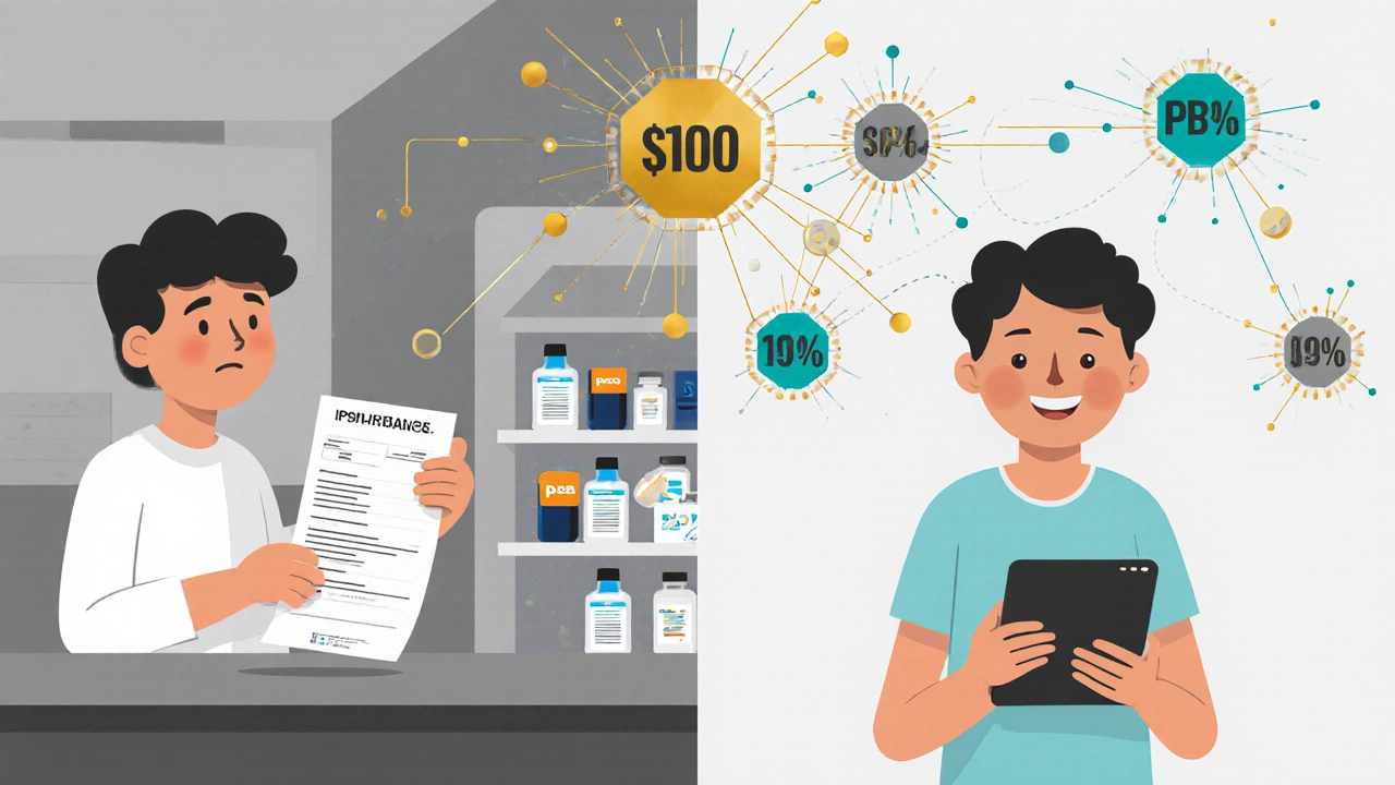 Split scene: frustrated pharmacy visit vs. calm home price comparison with data streams.