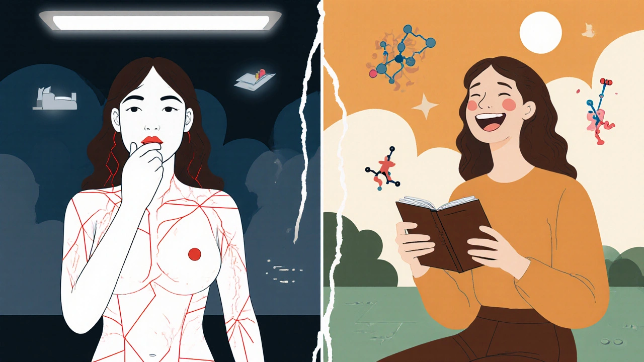 Split scene: one side shows a woman taking a pill under harsh light, the other shows her in sunlight with a therapist, contrasting medical and holistic approaches.