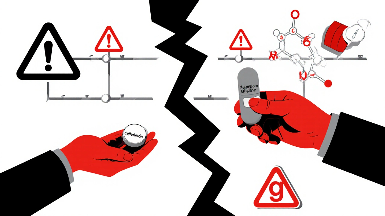 Split scene showing antibiotic and magnesium separated by breaking chemical bonds