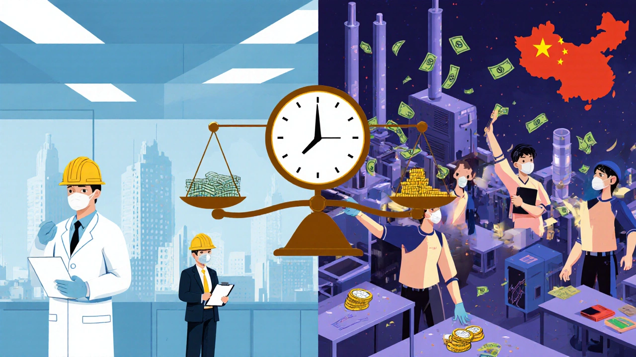 Split scene: U.S. lab under inspection vs. chaotic Chinese factory cleaning up, quality manager holding blockchain tablet.