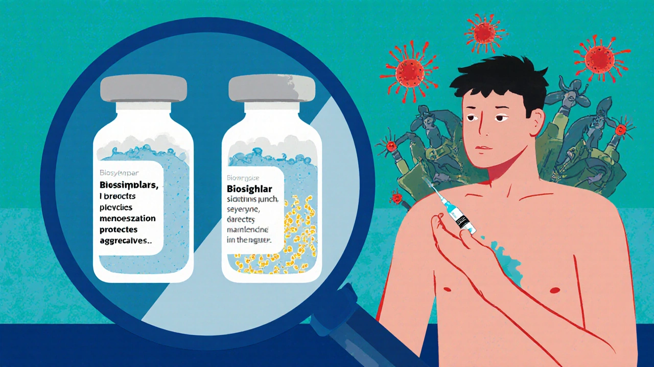 Two biosimilar vials compared under magnification, one with perfect structure, the other with clumps and mismatched sugars, near a patient receiving injection.