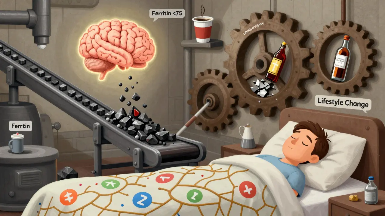 A bedroom transformed into a factory where iron pellets feed the brain, while caffeine and alcohol are crushed by gears.