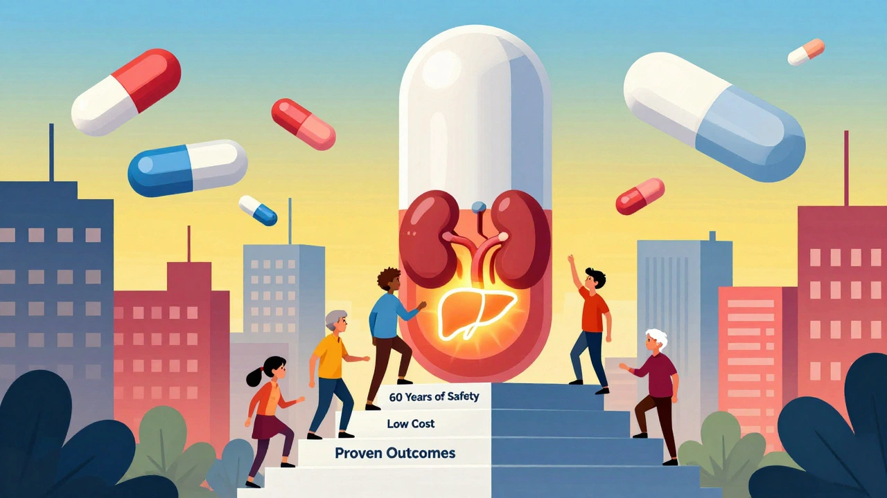A giant metformin pill monument towers over smaller, pricier diabetes drugs, with patients climbing to its summit.