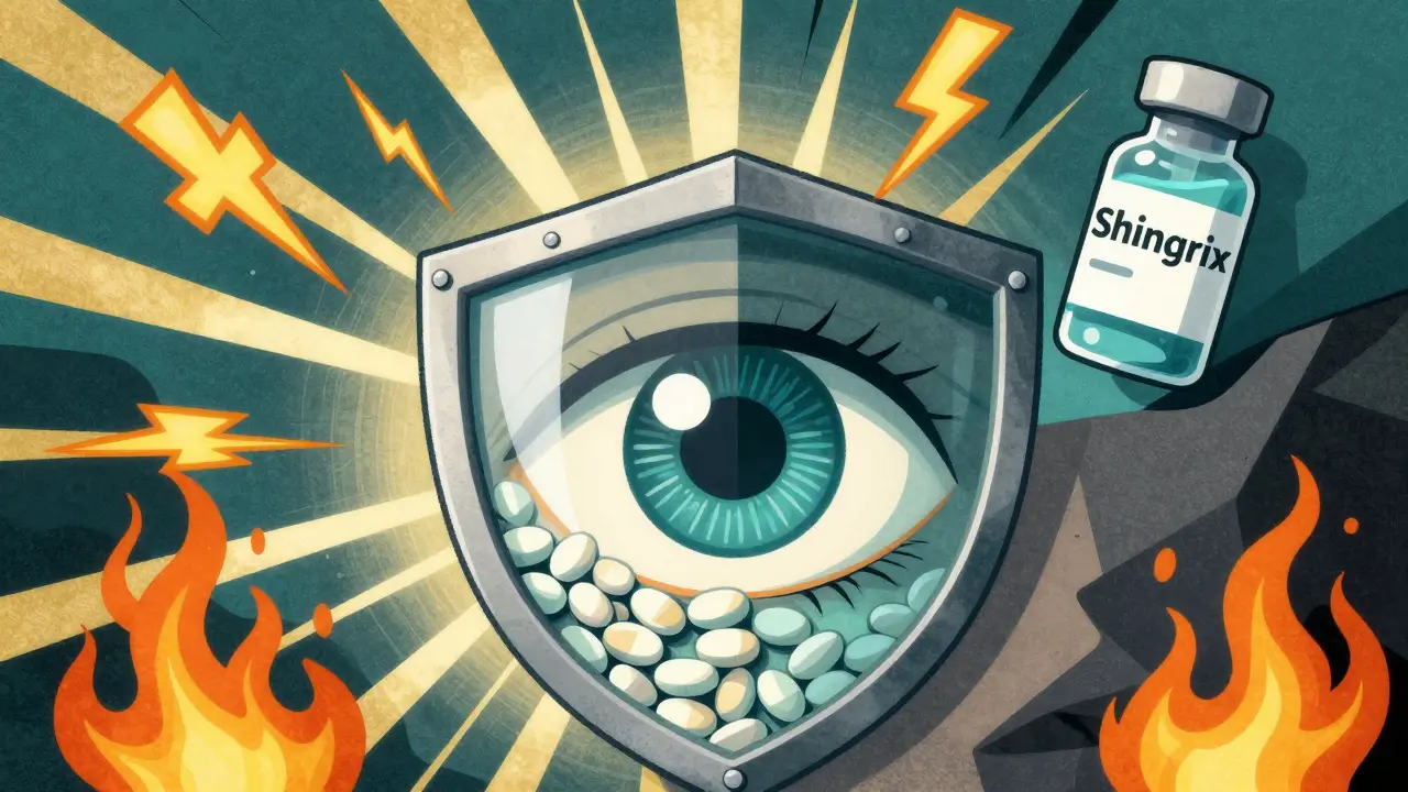 A human eye protected by antiviral tablets, with pain symbols breaking apart as a vaccine rises as a beacon in the background.