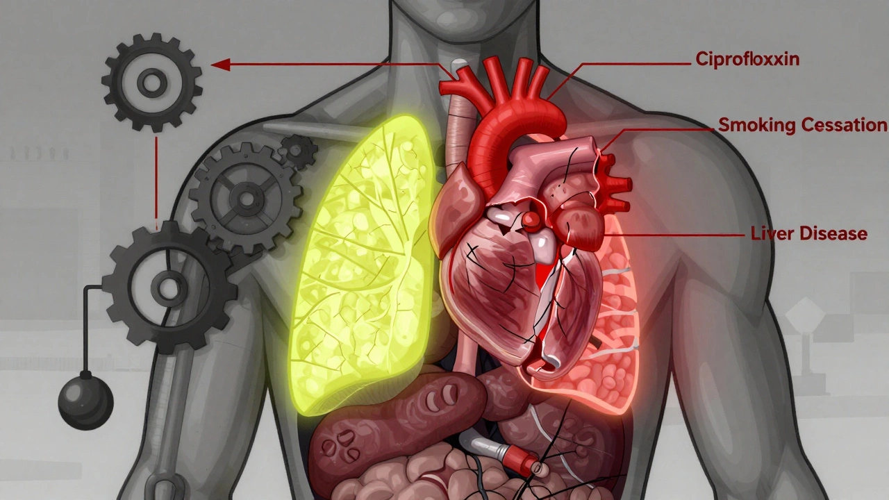 A human torso with glowing lungs in safe range, but fractured heart and brain marked by dangerous drug interactions and metabolic changes.