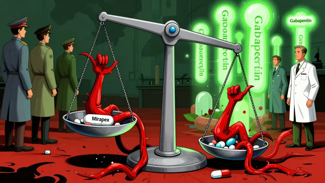 A medical scale tipping under heavy red tendrils spreading from legs to arms, representing augmentation from dopamine drugs.