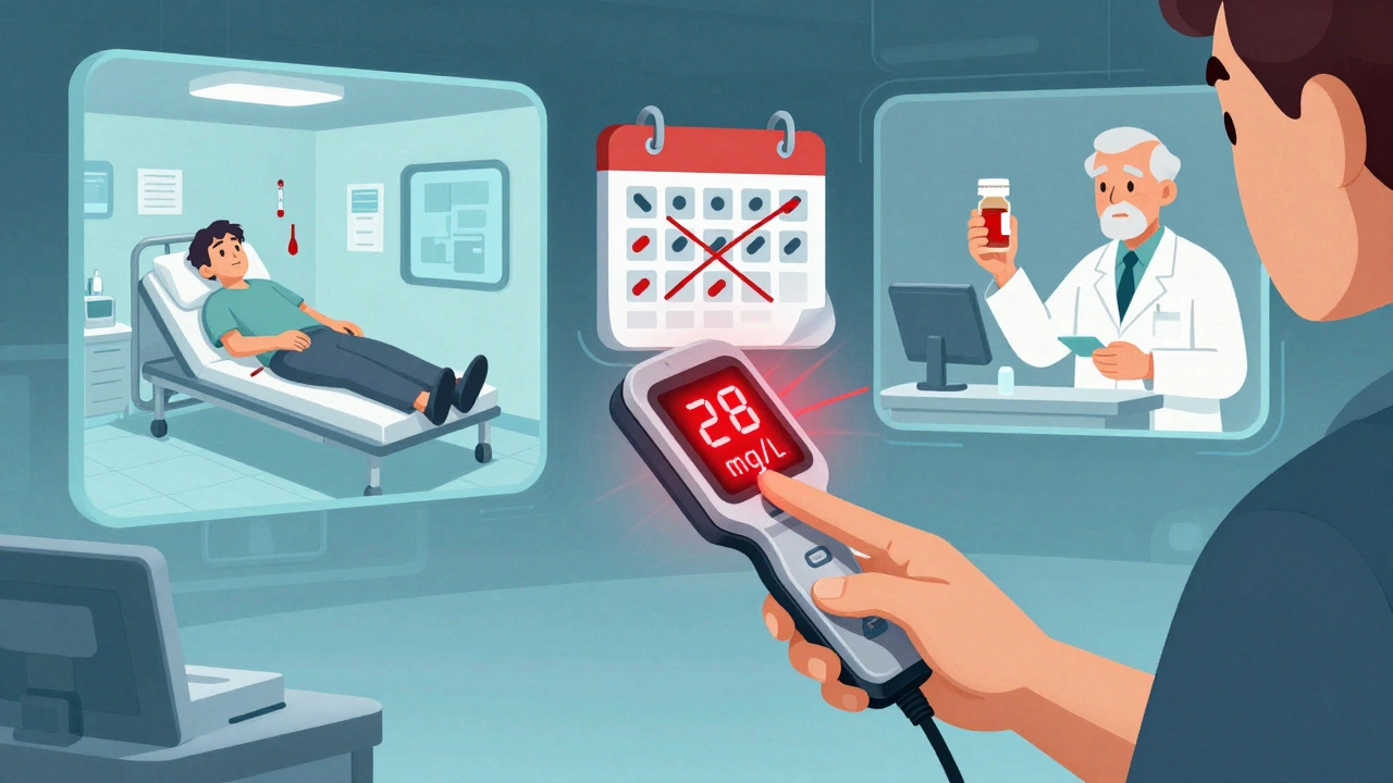 A patient using a handheld device showing toxic theophylline levels, with background scenes of missed tests and emergency care.