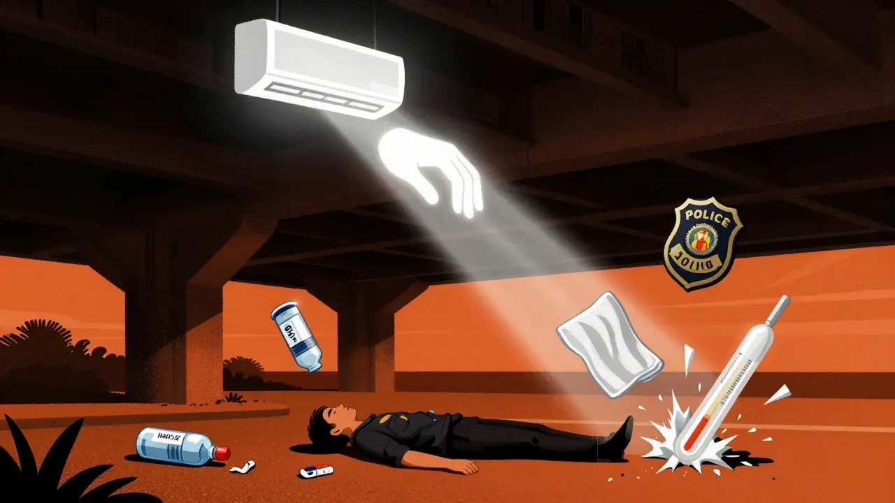 A person collapsed on hot pavement, surrounded by lost supplies, while a hand reaches from a cool building above.