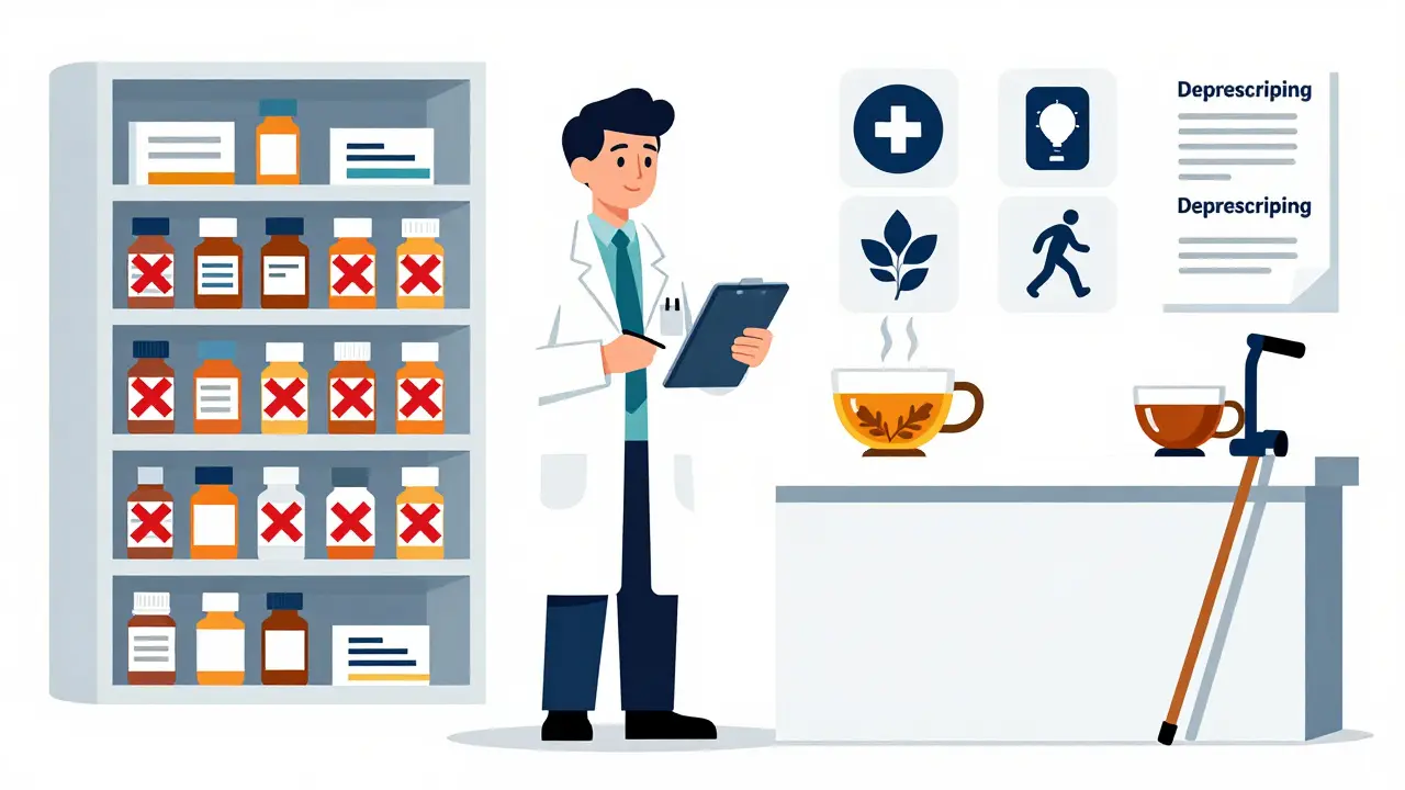 A pharmacist between chaotic medication shelves and a clean alternative care space with natural remedies and mobility aids.