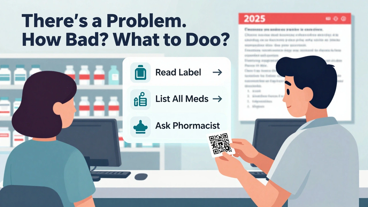 A pharmacist gives a patient a QR code that projects a simple step-by-step safety infographic in blocky shapes.