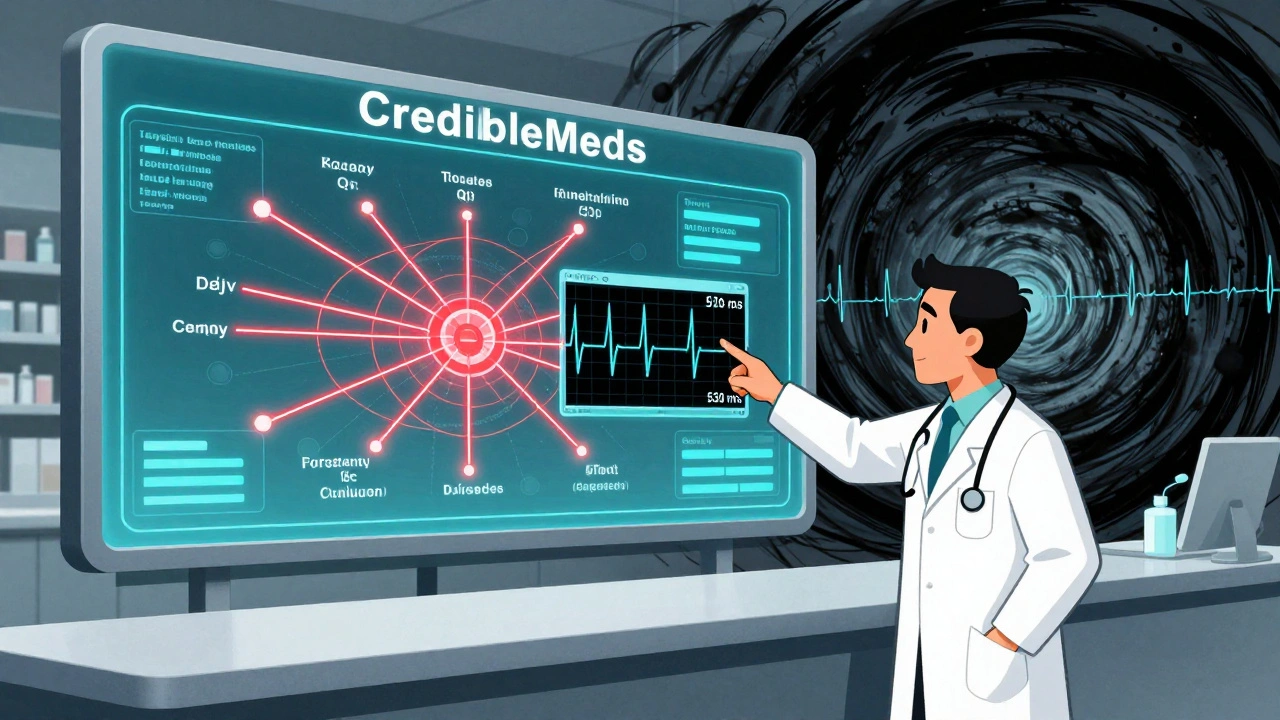 A pharmacy digital board showing linked drugs with warning lines, a doctor pointing to a high QTc reading, and a spiral arrhythmia in the background.