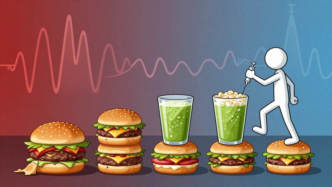 A staircase of food blocks ascending from unhealthy to healthy, symbolizing progress through GLP-1 side effects.