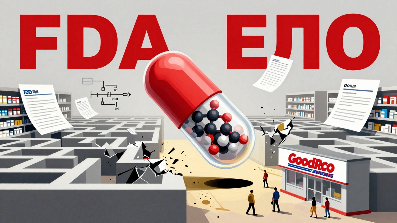 A transparent generic pill showing identical chemistry to a brand-name drug, surrounded by collapsing insurance bureaucracy.
