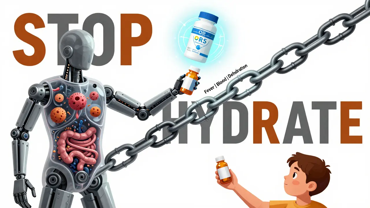 A transparent human figure with pathogens in gut, one arm reaching for medicine, the other held back by warning chains, with ORS formula floating above.