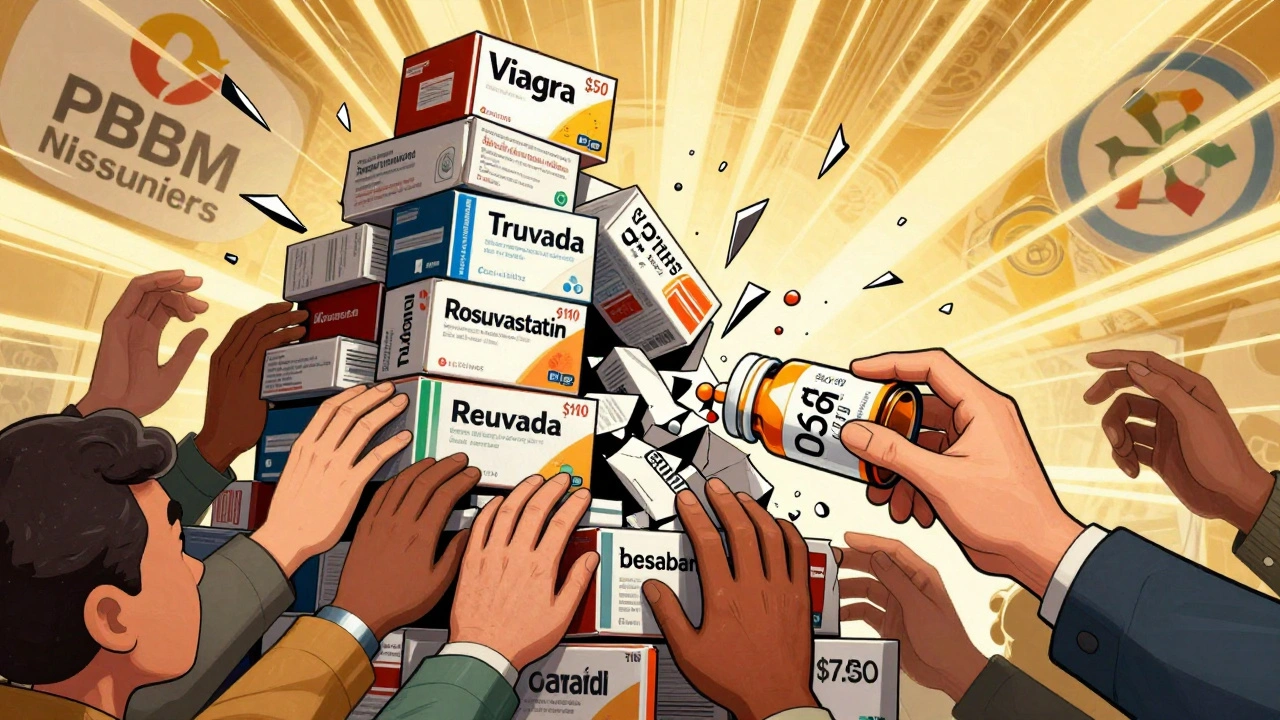 Brand-name drug boxes collapsing into a small generic pill bottle as diverse hands reach for the affordable option.