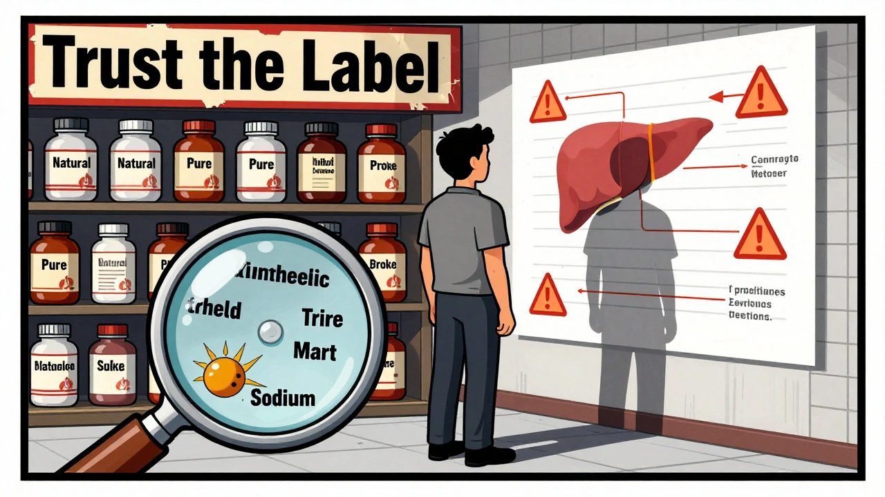 Consumer surrounded by supplement bottles, shadow casting medical warnings, magnifying glass revealing hidden toxins.