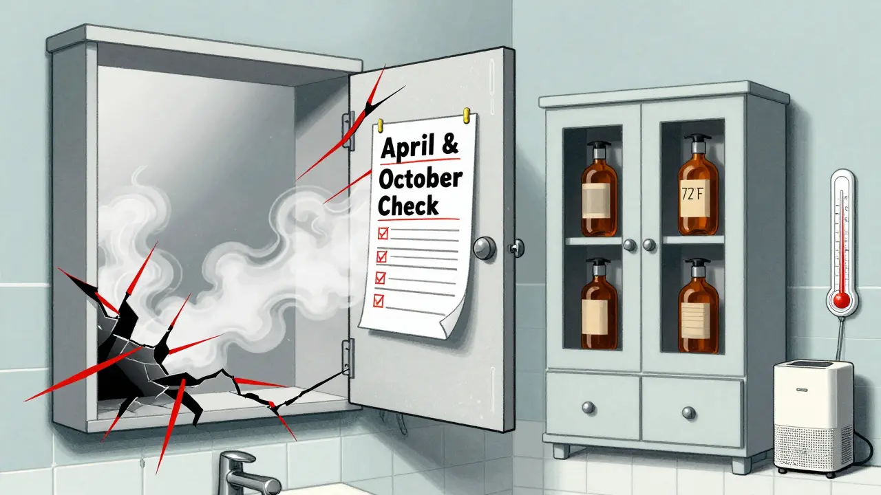 Cracked humid bathroom cabinet vs. dry, organized storage with checklist and dehumidifier