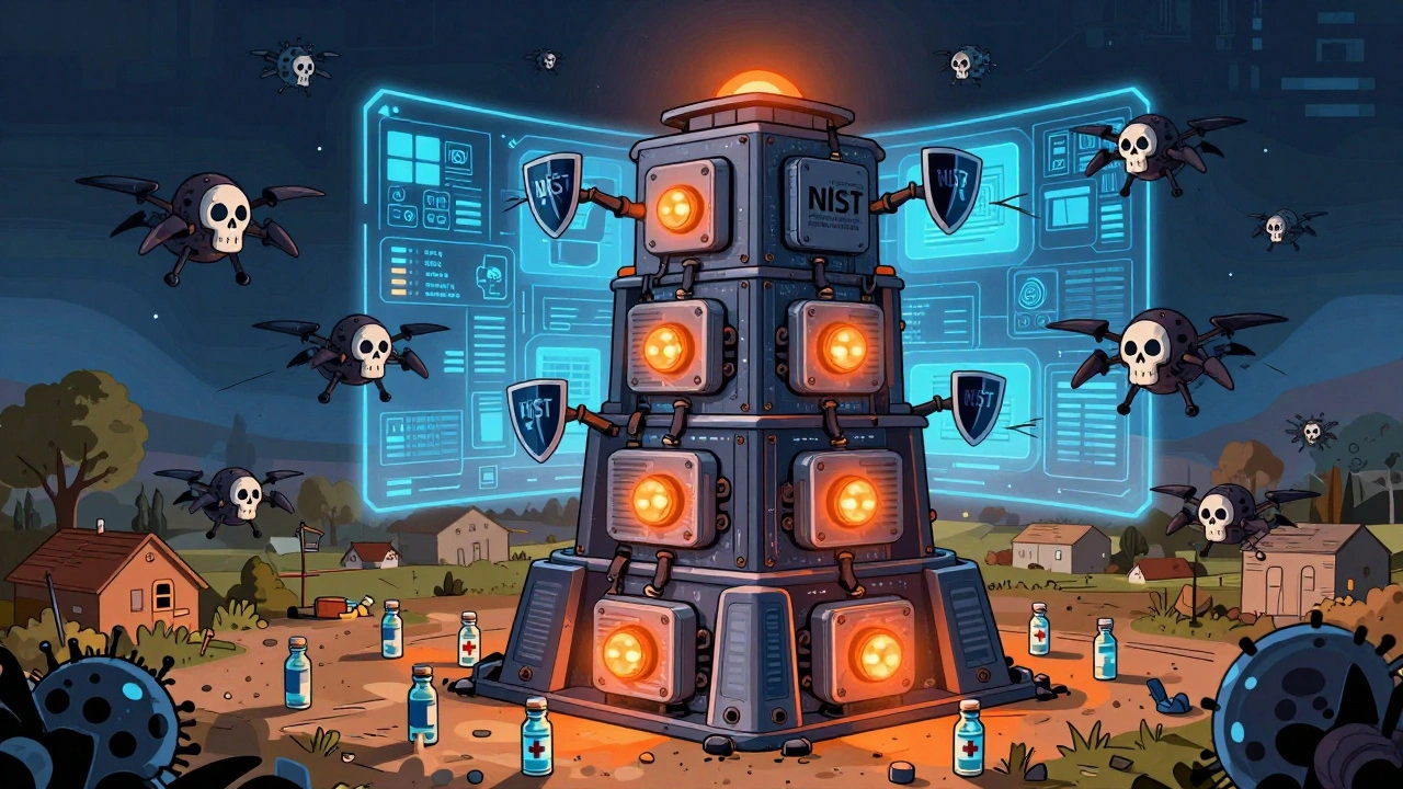 Cyber-secure drug tower repelling hacker drones, delivery drones below, NIST shields glowing in Constructivist style.