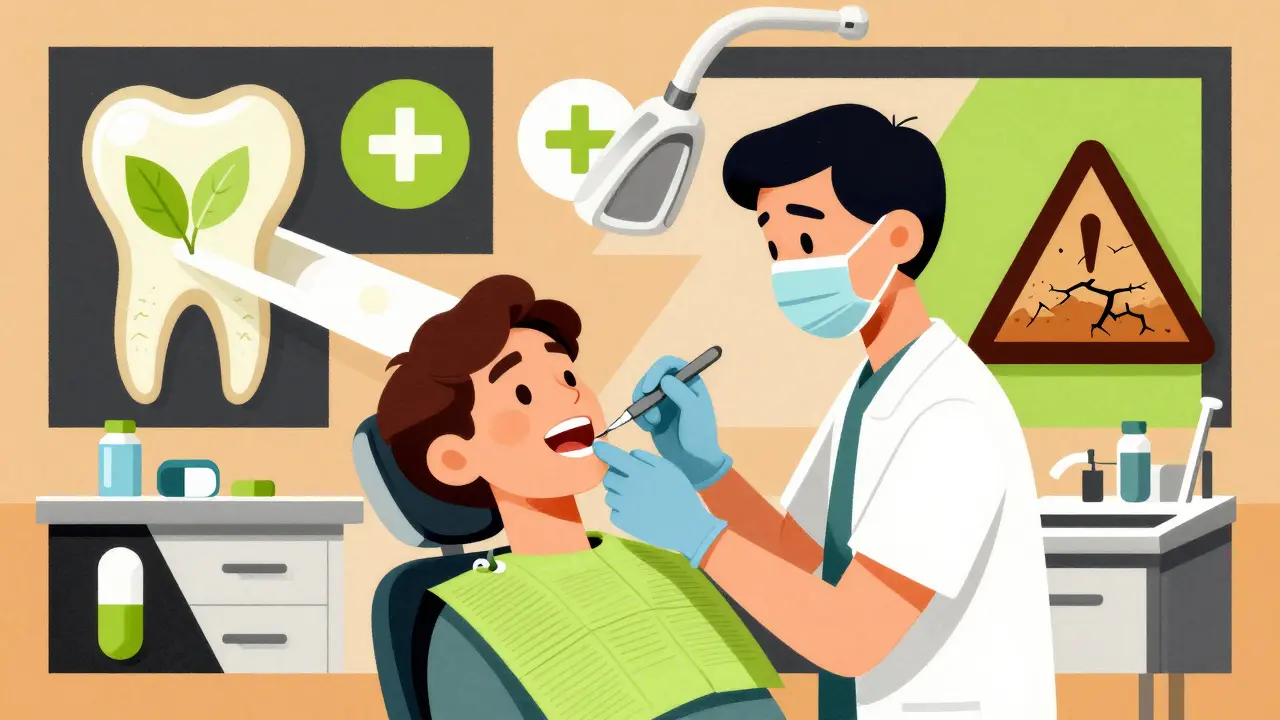 Dentist examining jaw with two symbolic paths emerging from mouth, geometric medical elements