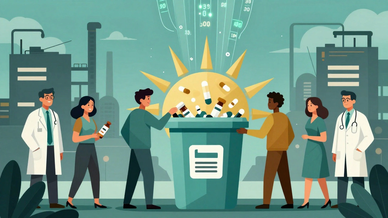 Diverse people depositing expired meds into a sun-shaped take-back bin, with floating lot numbers and factory silhouettes.