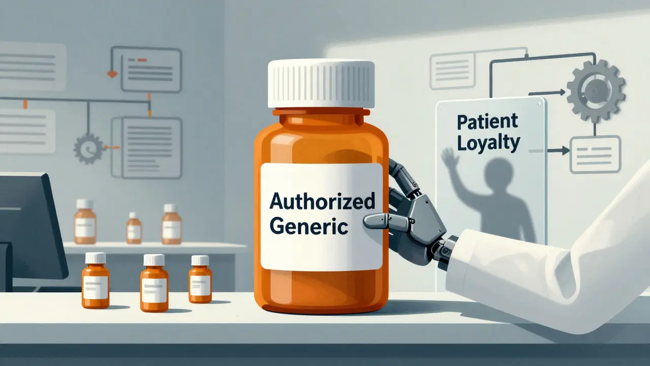 Dominant generic drug bottle towers on pharmacy shelf, others small and faded, with authorized generic blocked by loyalty wall.