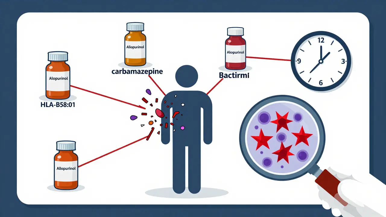 Drug bottles linked by warning threads to a patient, with gene fragments and a 6-week clock revealing DRESS triggers.
